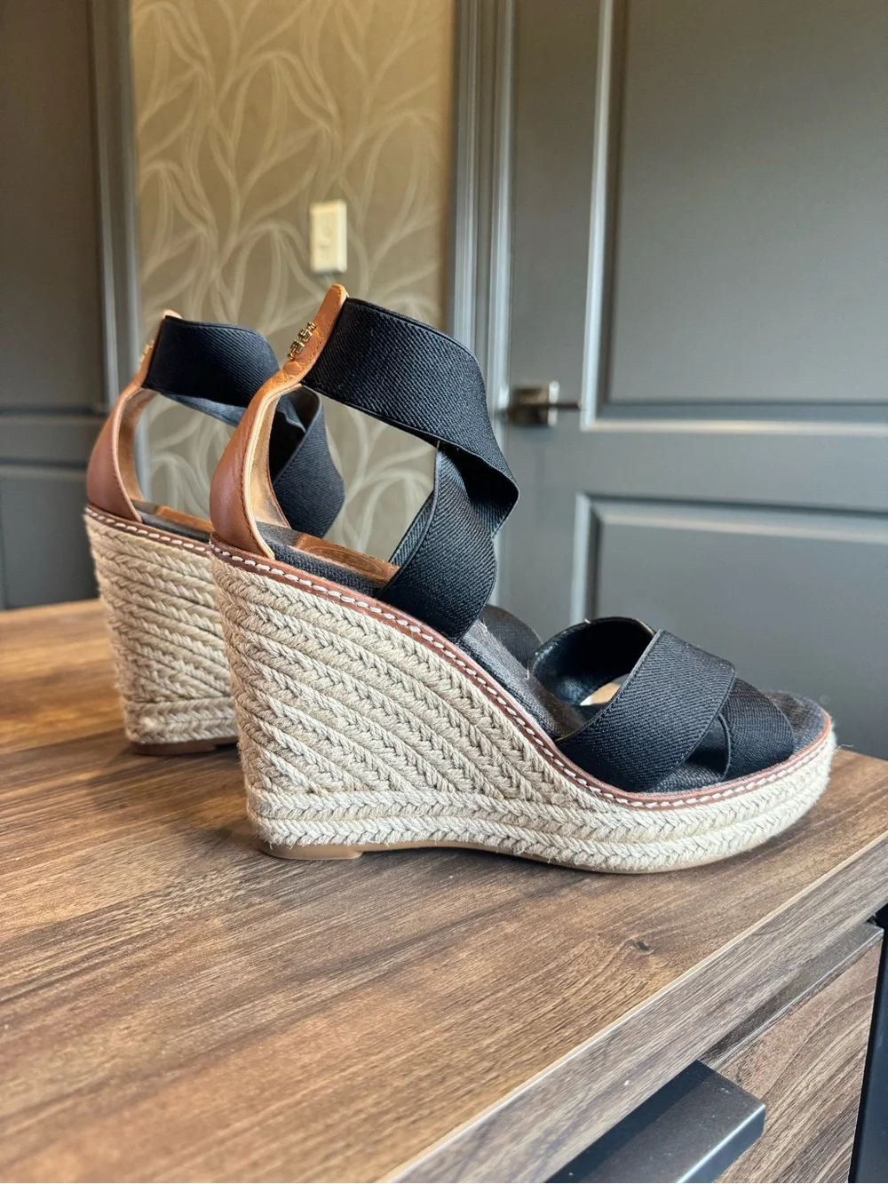 Tory Burch Black Espadrille Wedge Sandals with Elastic Straps 7